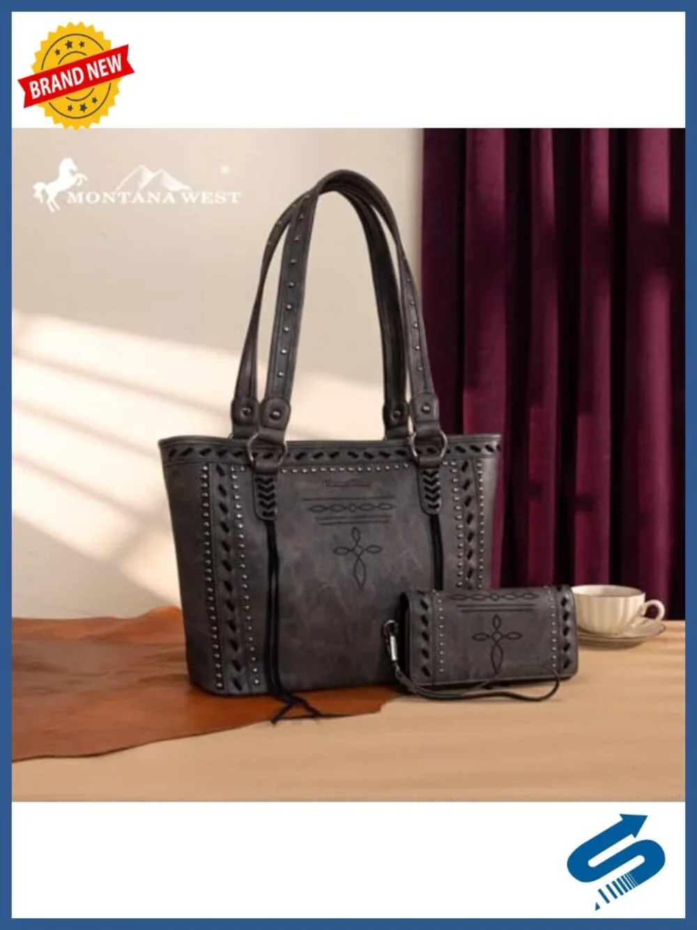 Vegan Leather Western Tote Bag with Wallet Studded Shoulder Handbag